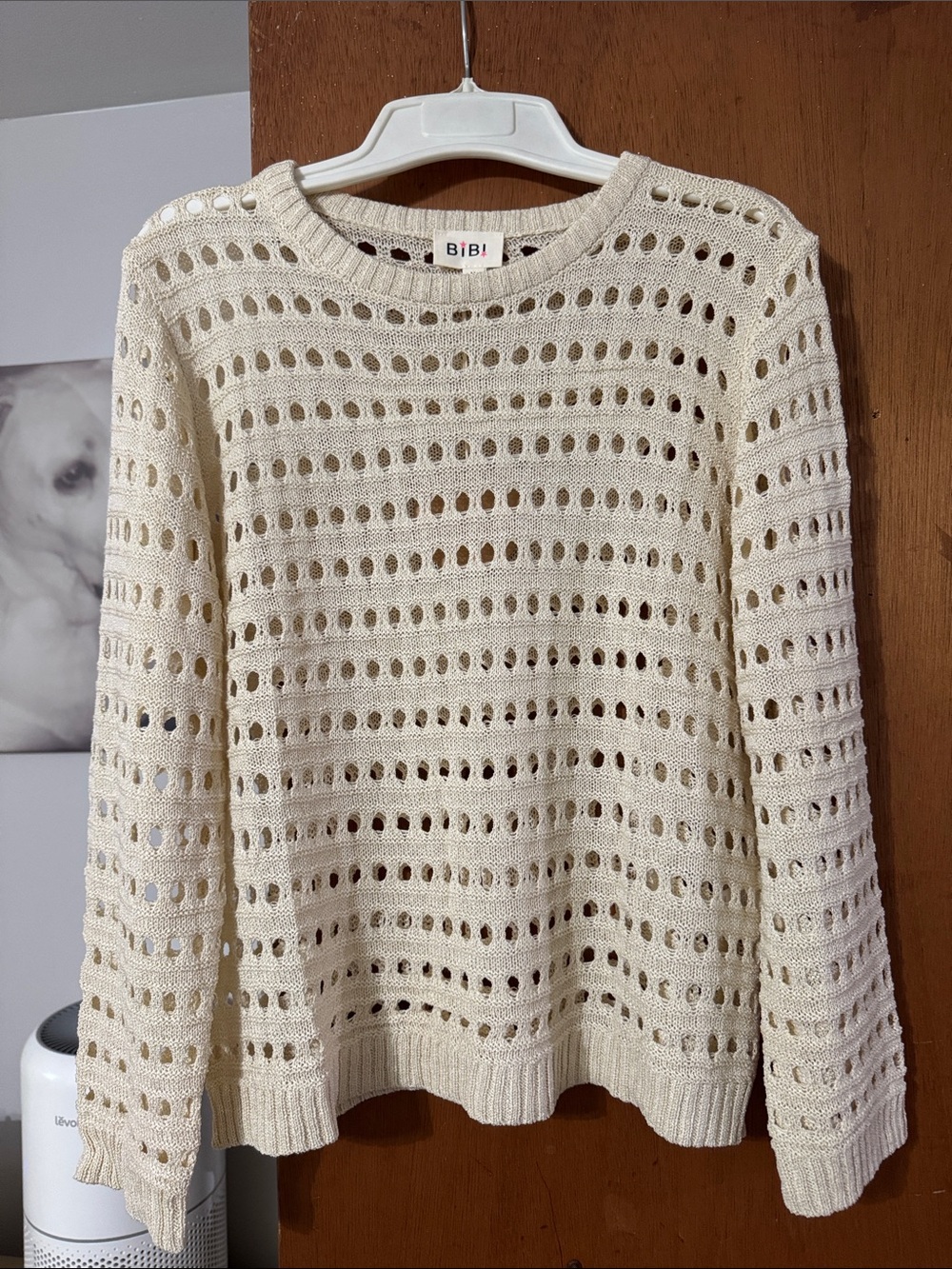 BiBi Cream Open-Weave Crewneck Sweater